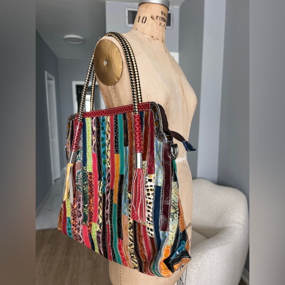 Retro Multicolor Leather Patchwork Handbag With B… - image 8